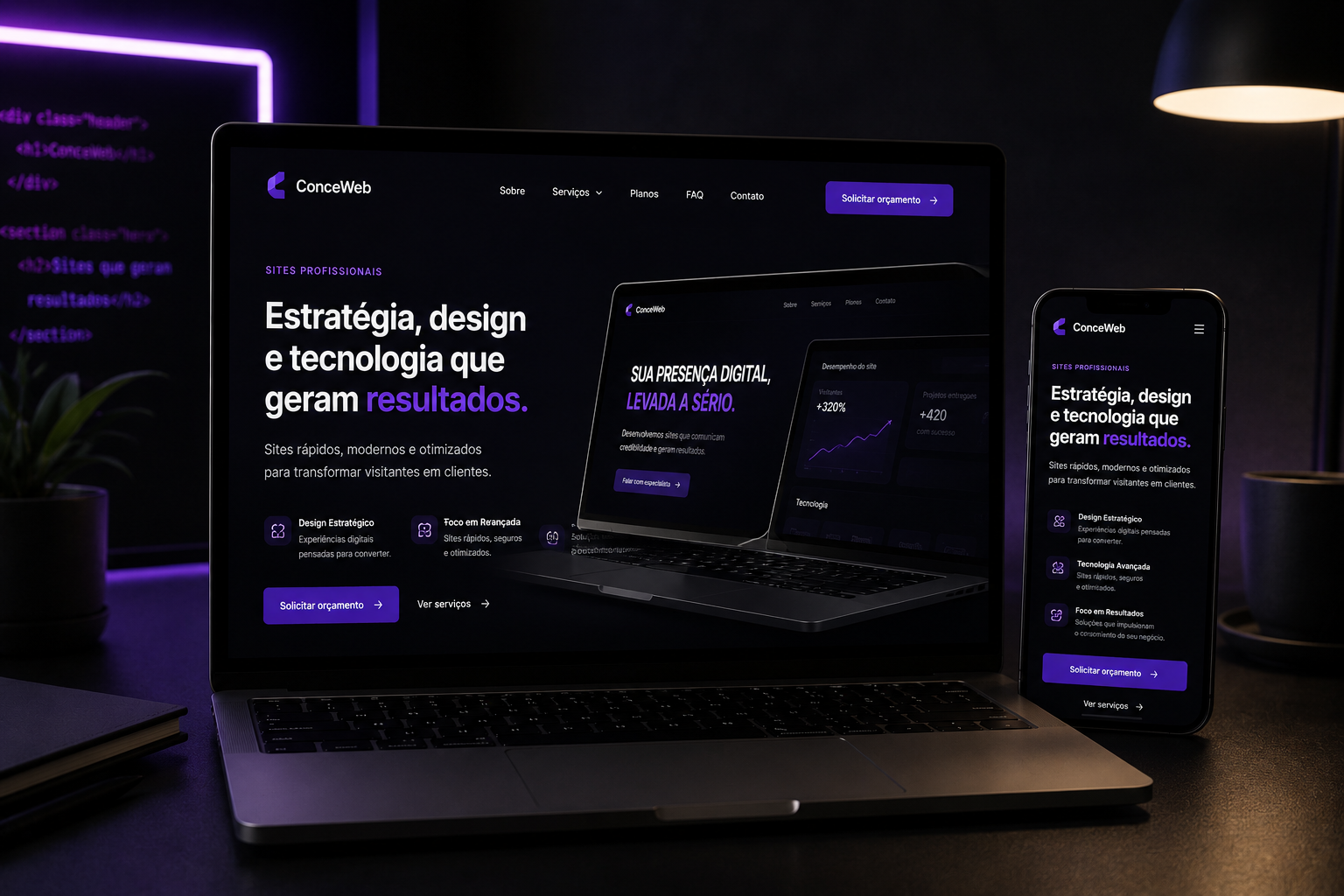Site da ConceWeb exibido em notebook e smartphone
